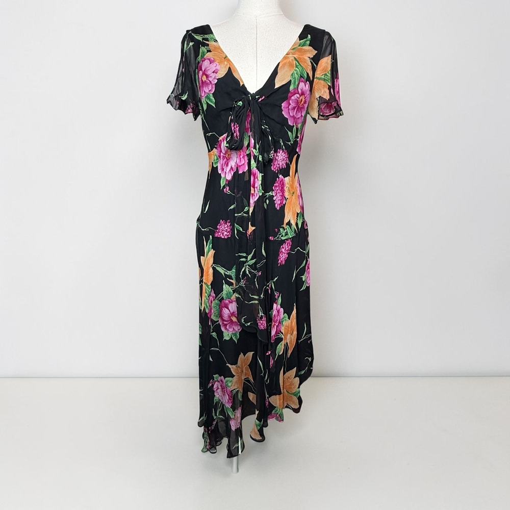 Vintage Robbie Bee 100% Silk Floral Midi Dress Whimsygoth Boho Asymmetrical 10